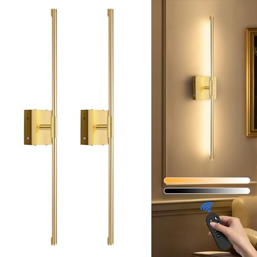 SAIMAND Wall Sconces Set of Two Battery Operated, Wireless USB Rechargeable Wall Lights with Remote, 8000mAh Dimmable LED 3 Color Dimmable Living Room for Bedroom,Hallway,Picture Lamp(30in Gold) | Amazon (US)