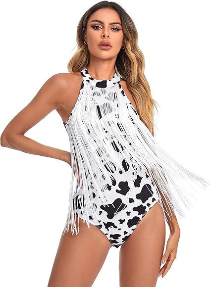 Verdusa Women's Fringe Trim Sleeveless Bodycon Halter Bodysuit Top | Amazon (US)