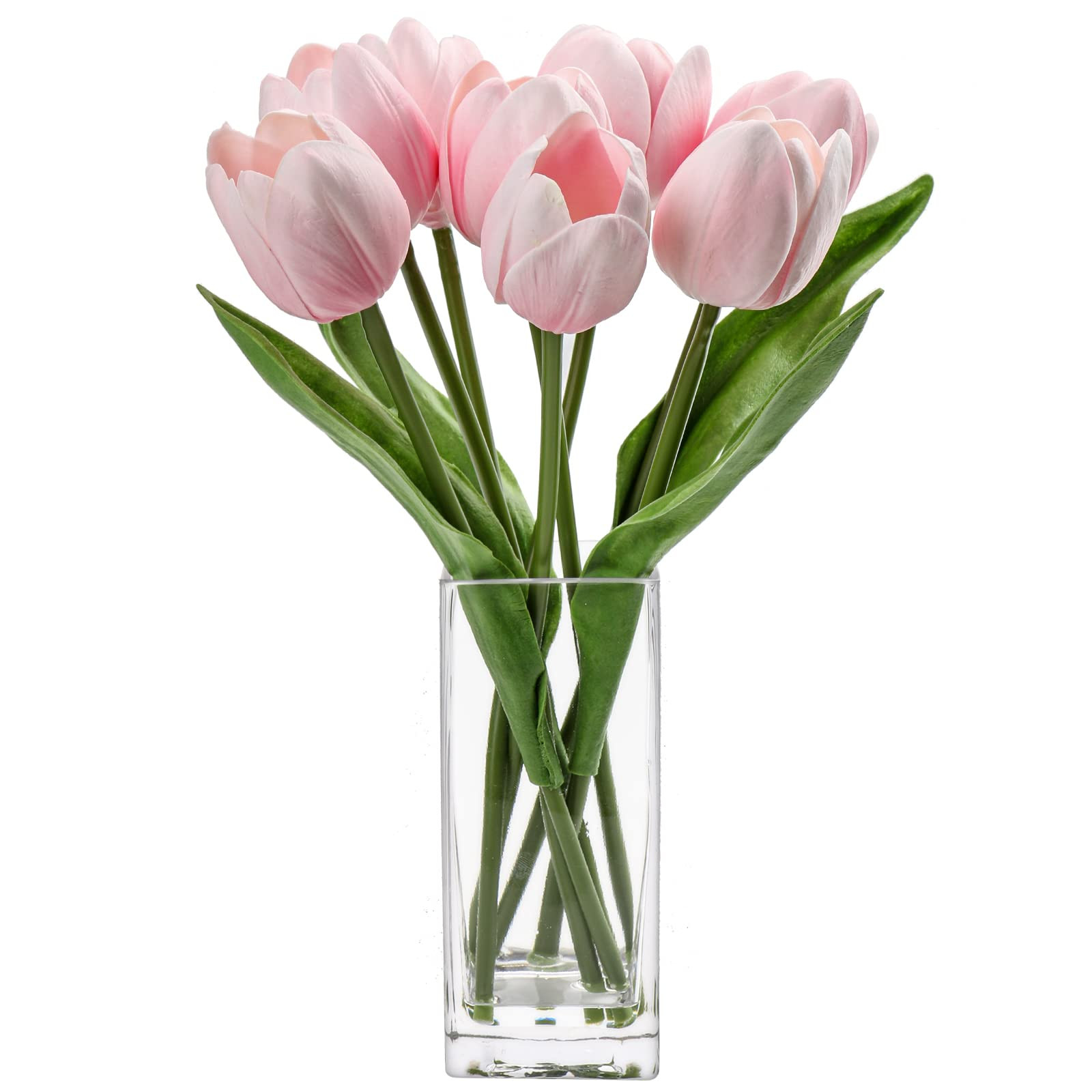Briful Fake Flowers Artificial Tulip Flower Pink in Clear Vase, Real Touch Foam Tulip Arrangement... | Amazon (US)