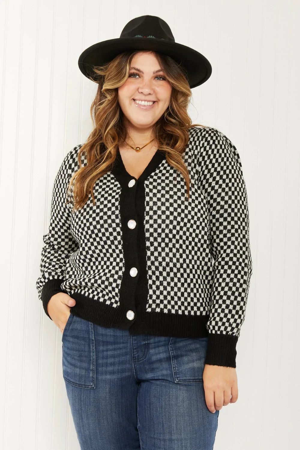 Checkered Puff Shoulder Cardigan | Peppered with leopard