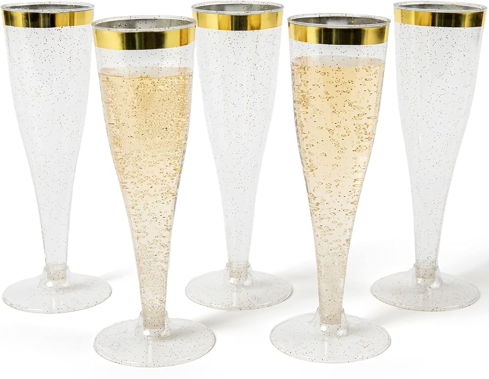 Prestee 24 Champagne Flutes Disposable - Gold Rim Glitter Plastic Cups for Parties - Toasting Gla... | Amazon (US)