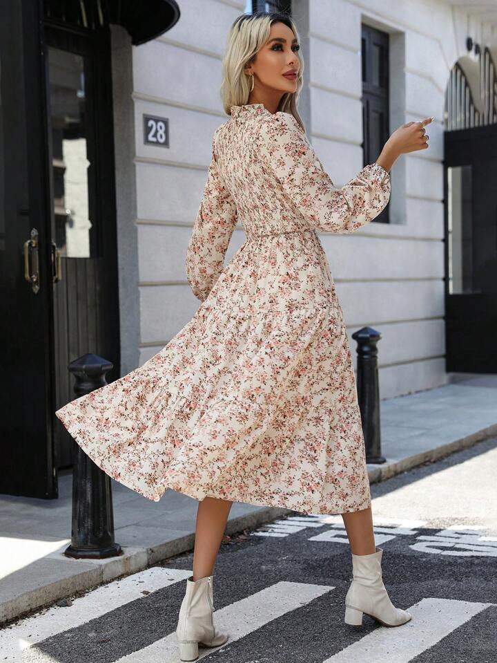 Ditsy Floral Print Lantern Sleeve Ruffle Hem Dress | SHEIN