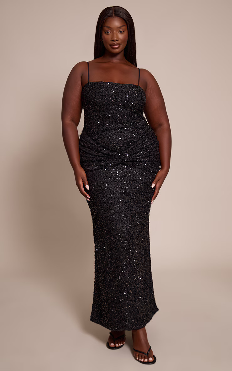 Plus Black Sequin Wrap Detail Strappy Maxi Dress | Plus Size | PrettyLittleThing US