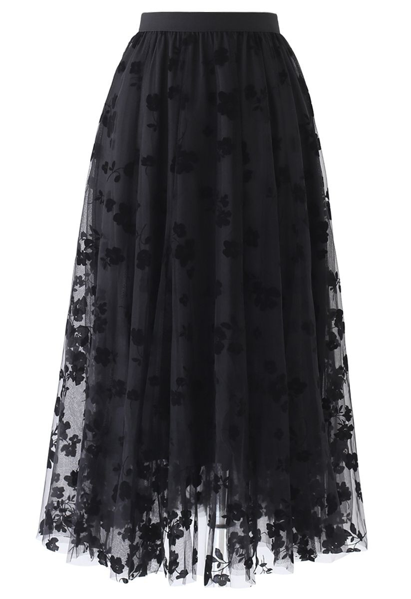 3D Posy Double-Layered Mesh Midi Skirt in Black | Chicwish