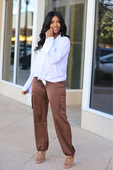 Satin cargo pants! Outfit goals. Look of the day. Work outfit. Brown pants. White beach top. Button down top. Revolve outfit. #revolveme #revolveclothing 

#LTKstyletip #LTKSpringSale #LTKover40