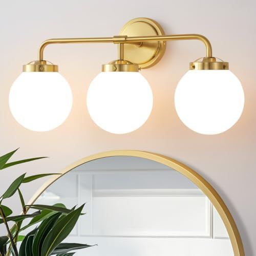 Gold Bathroom Vanity Light Fixtures Over Mirror, Modern Brass 3 Lights Wall Sconce with Milky Gla... | Amazon (US)