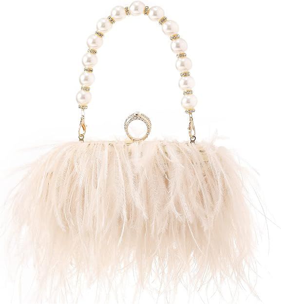 Women Real Natural Ostrich Feather Evening Bags Purses Clutch Vintage Banquet Handbag | Amazon (US)