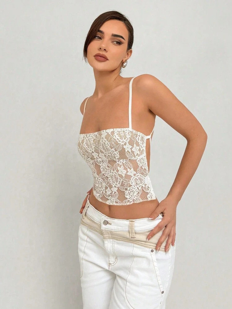 Aloruh Top De Alças Românticas Branco Em Renda Para Mulher, Com Design De Costas Abertas | SHEIN