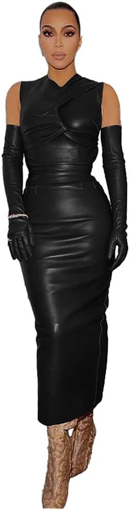 XLLAIS Party Leather Dress for Women Sexy O Neck Sleeveless Bodycon Maxi Long Dresses Outfits | Amazon (US)