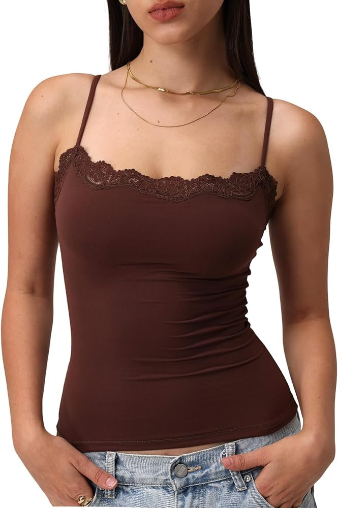 Starrylion Padded Lace Cami Top Double Lined Sexy Tank Top Spaghetti Strap Club Party Shirt | Amazon (US)