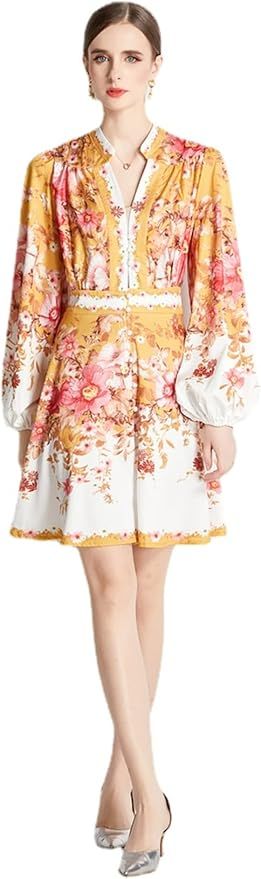 Spring/Fall 2022 New Chinese Print Dress Stand-up Collar Lantern Sleeves high Waist lace-up Skirt | Amazon (US)