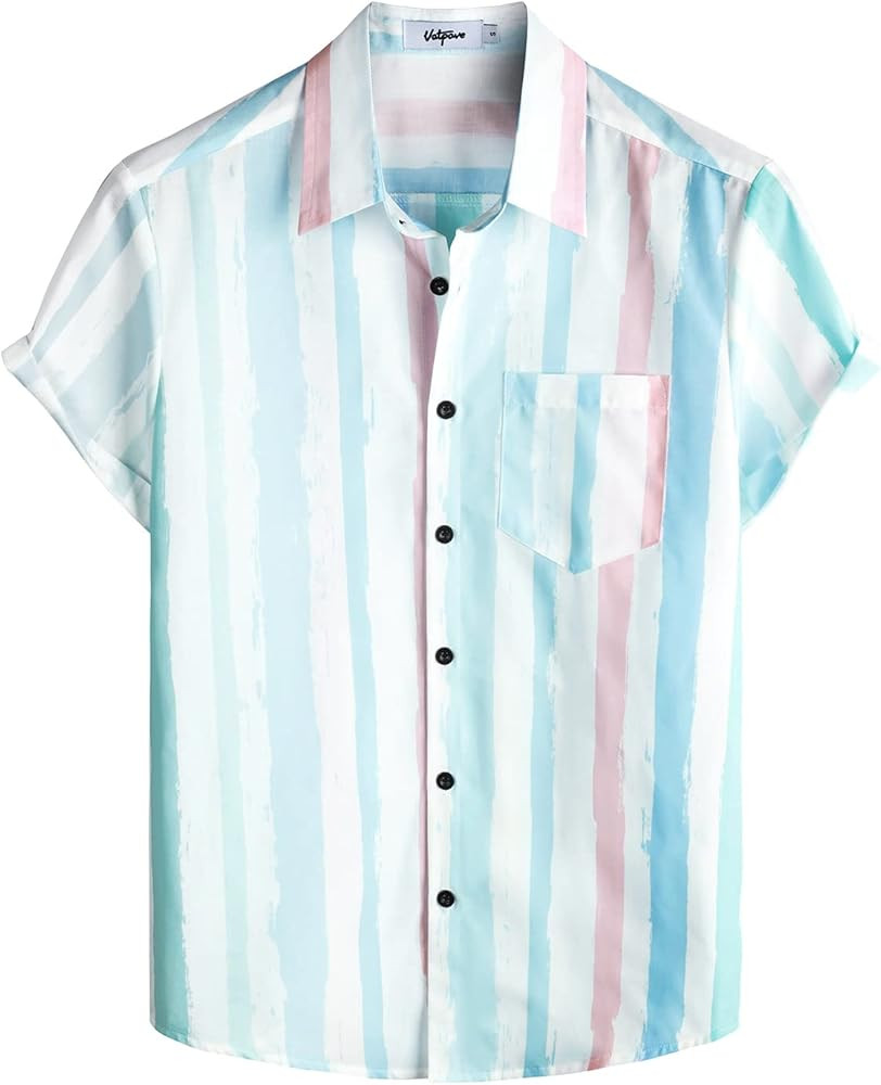 VATPAVE Mens Striped Summer Shirts Casual Button Down Short Sleeve Beach Stylish Untucked Hawaiia... | Amazon (US)
