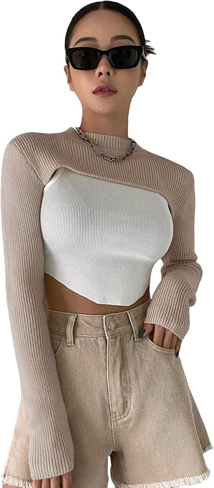 Verdusa Women's Mock Neck Long Sleeve Knit Crop Sweater Pullover Shrug Top | Amazon (US)