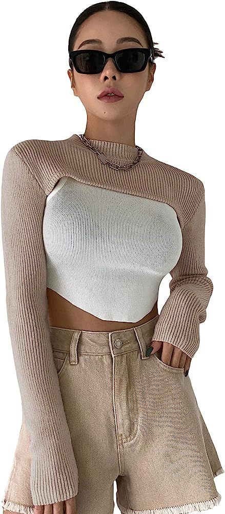 Verdusa Women's Mock Neck Long Sleeve Knit Crop Sweater Pullover Shrug Top | Amazon (US)