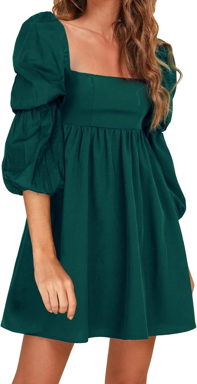 Amazon.com: EXLURA Womens Square Neck Dress Long Puff Sleeve A-Line Casual Short Mini Dress Dark ... | Amazon (US)