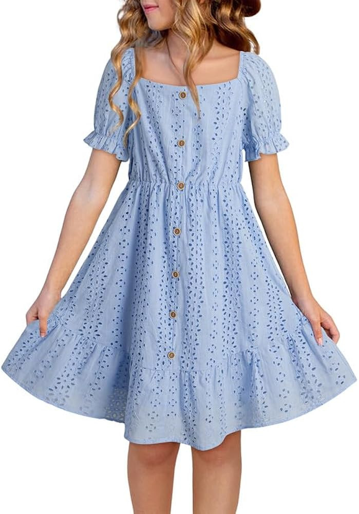 Girls Summer Dress Casual Puff Sleeve A-line Button Down Eyelet Midi Dress 6-15 Years | Amazon (US)
