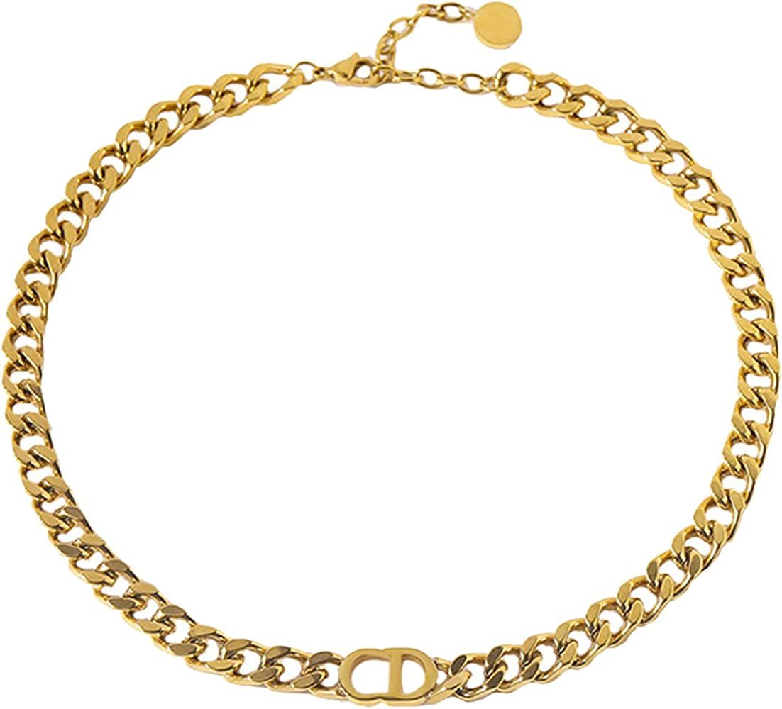Pugest 18K Gilded Fashion Stainless Steel Necklaces Bracelet for Women Men - Letter Necklace Simple  | Amazon (US)