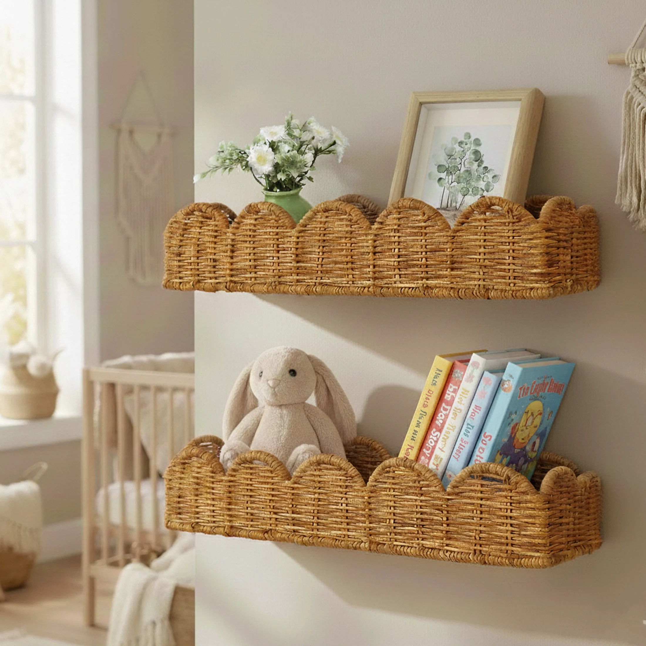 HBK Set of 2 Rattan Nursery Book Shelves, Scalloped Wall Mounted Bookshelf for Kids Room, Boho Fl... | Walmart (US)
