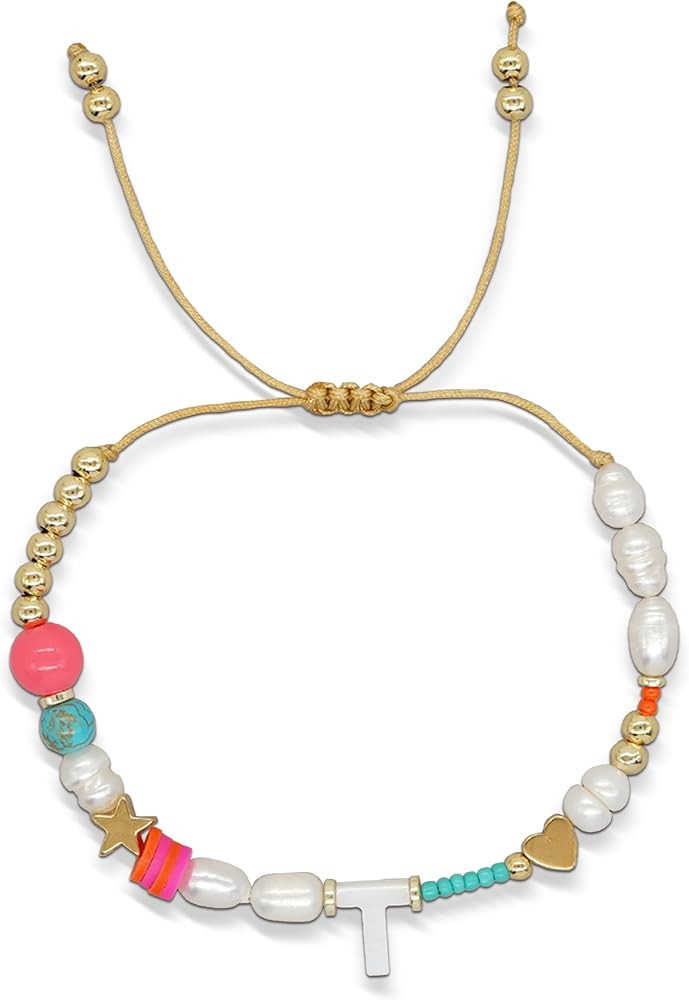 Initial Pearl Beaded Adjustable Bracelets for Women Teen Girls, Cute Handmade Gold Clay Beads Fri... | Amazon (US)