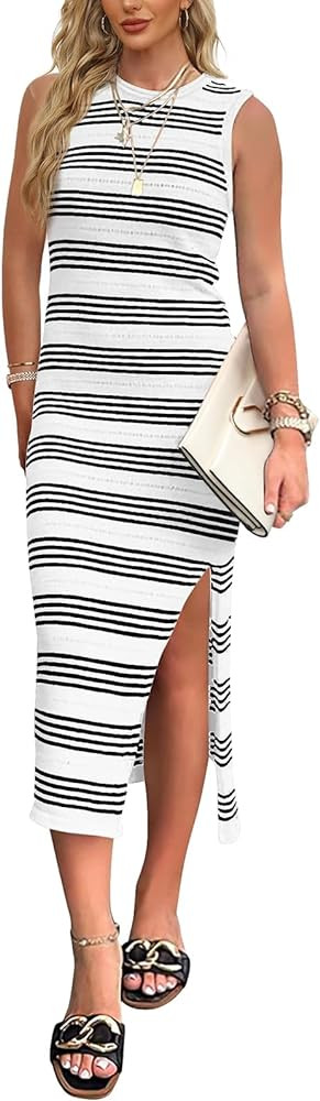 WIHOLL Womens Bodycon Summer Casual Midi Sundress Sleeveless Cute Hollow Out Knit Side Slit Strip... | Amazon (US)