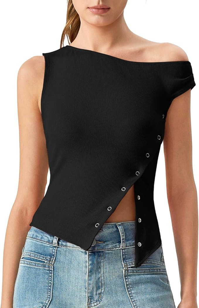 QINSEN Womens Off Shoulder Asymmetrical Tops Diagonal Button-up Closure Split Hem Cropped T Shirt... | Amazon (US)