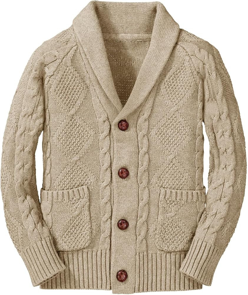 Boy's Sweater Cardigan Button Down Shawl Collar Cable Knitted Outwear Sweater Coats with Pockets | Amazon (US)