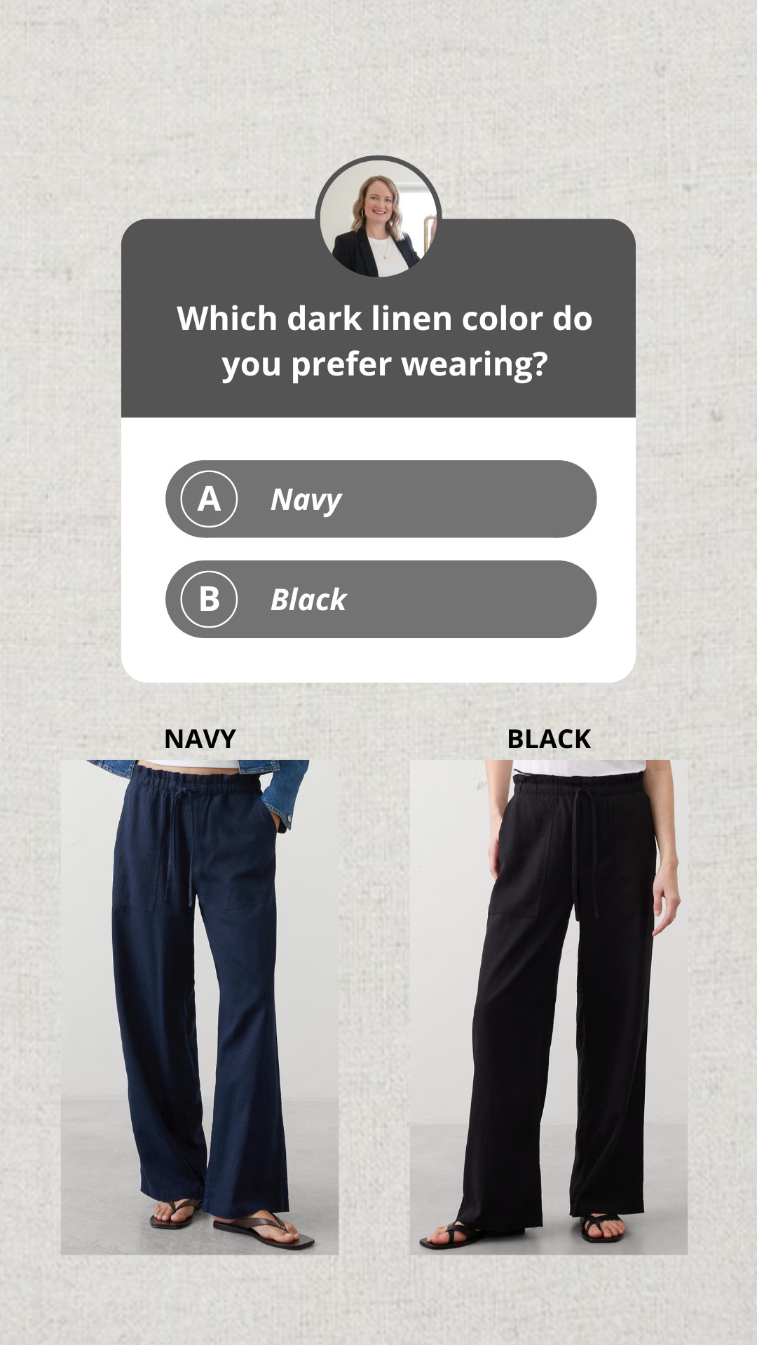Which dark linen color do you prefer wearing: Navy or Black?  Comment with your answer 😀 

 