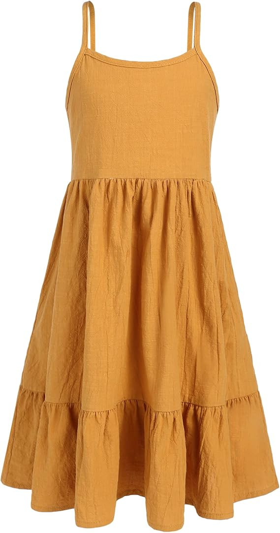Arshiner Girl's Summer Sundress Spaghetti Strap Solid Linen Midi Dress Casual Cami Dresses | Amazon (US)