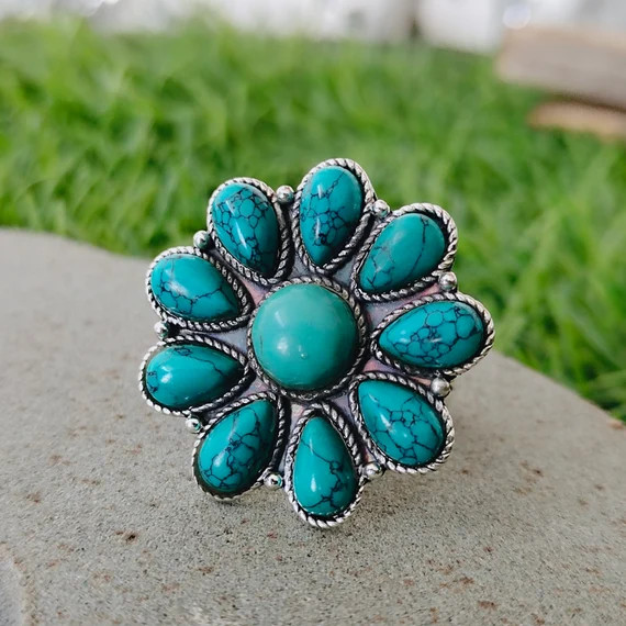 Flower Shape Turquoise Gemstone Boho Ring  925 Sterling | Etsy | Etsy (US)