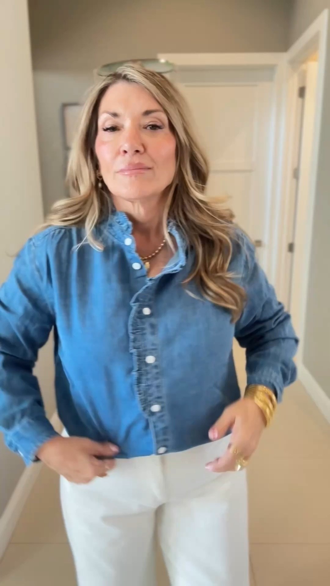 Denim ruffle shirt and ecru denim wide leg jeans 

#LTKootd #LTKgrwm