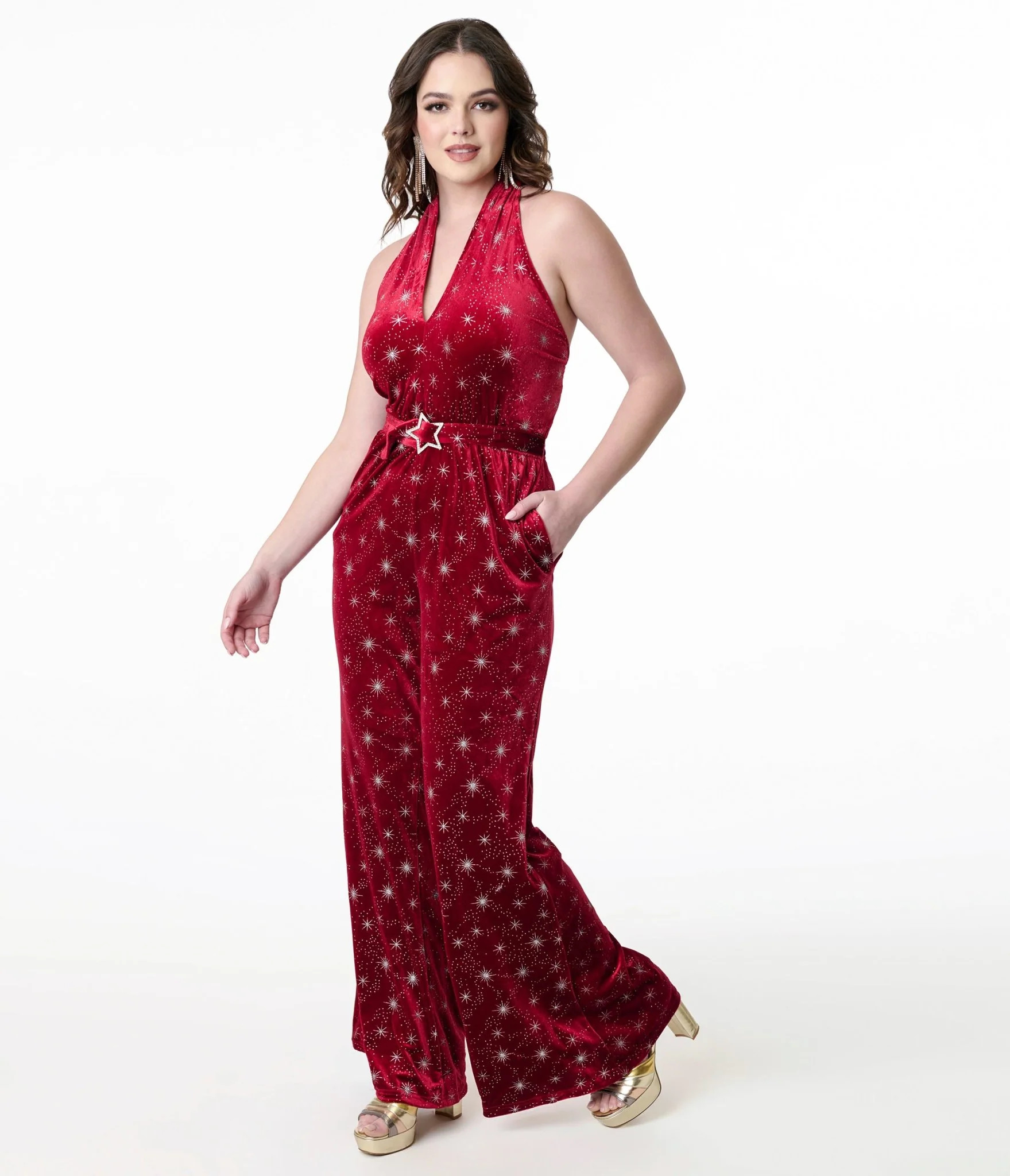 Smak Parlour 1970s Red & Silver Star Velvet Draped Darling Jumpsuit | UniqueVintage