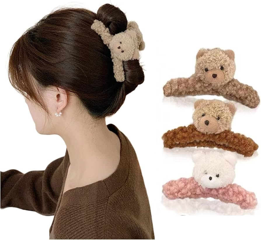 3 Pcs 4.72 Inch Large Hair Claw Clips Cute Fluffy Plush Bear Hair Catch Barrette Jaw Clamp for Wo... | Amazon (US)