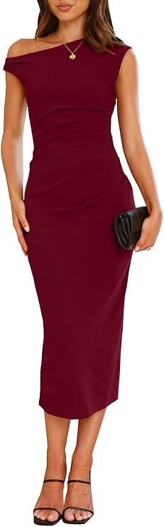 IHOT Women's Sleeveless One Shoulder Bodycon Ruched Slit Wedding Guest Cocktail Midi Dress | Amazon (US)