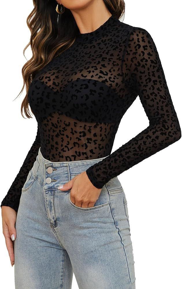 Mesh Top for Women Long Sleeve Mock Neck Mesh Shirt Sheer Top Solid Floral Tee Shirts S-XXL | Amazon (US)