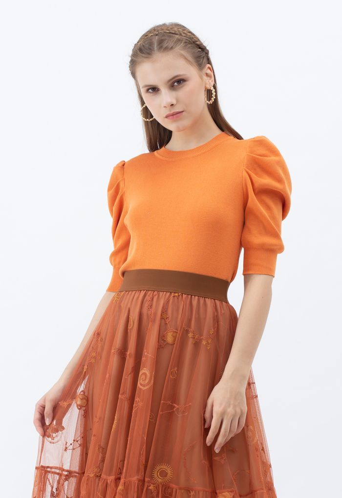 Bubble Short-Sleeve Knit Top in Orange | Chicwish