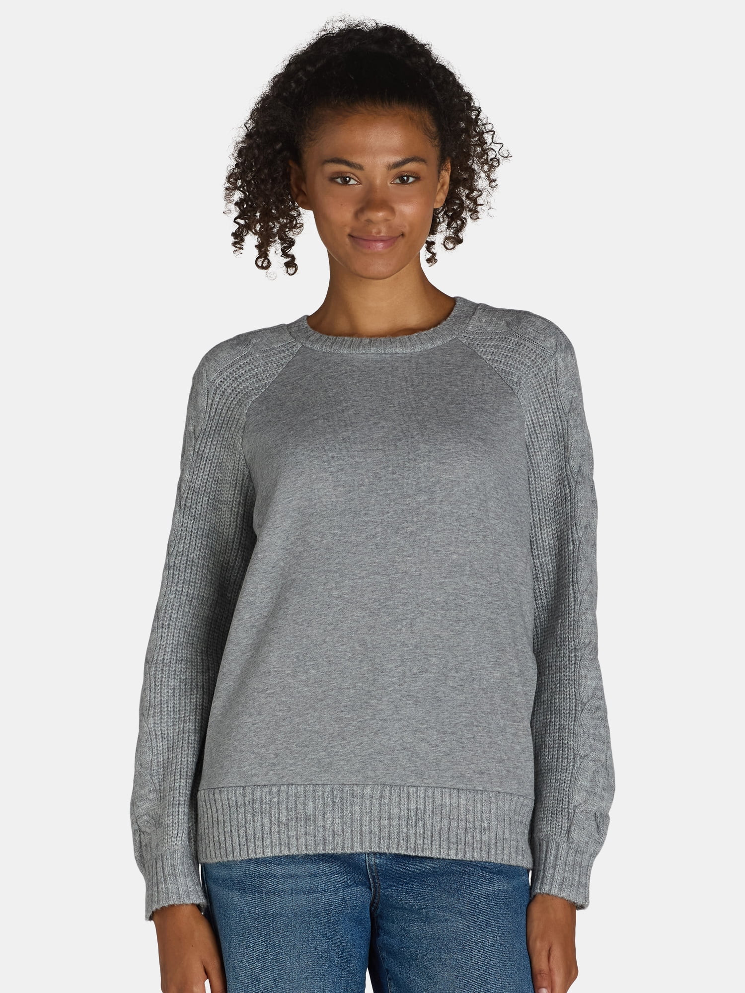 Time and Tru Women's Mixed Media Crewneck Sweatshirt, Sizes S-XXXL | Walmart (US)
