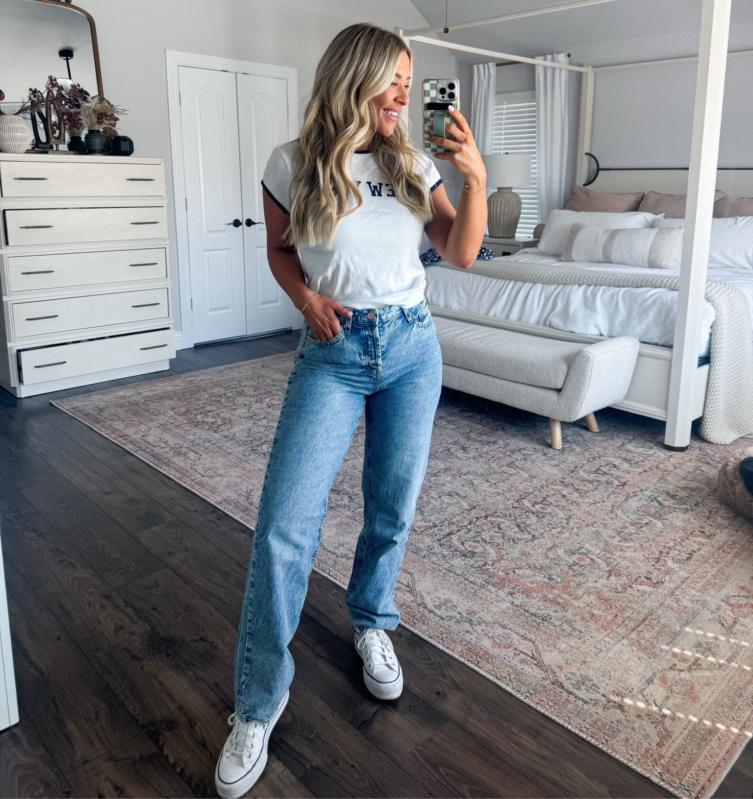 Jeans fit true to size I’m wearing a 6! 