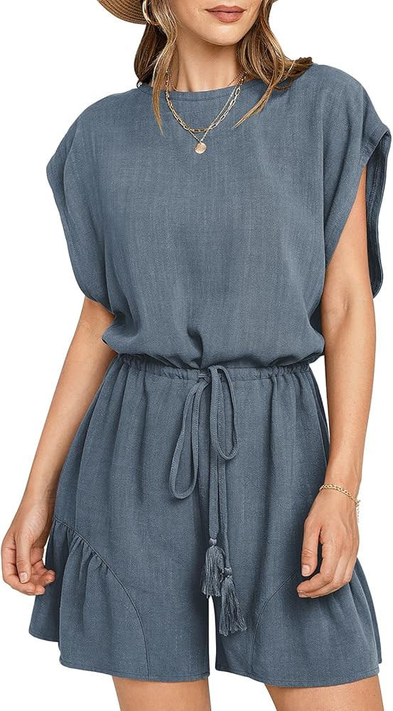 UEU Women's Summer Casual Linen Romper Crew Neck Open Back Ruffle Short Jumpsuit with Drawstring | Amazon (US)
