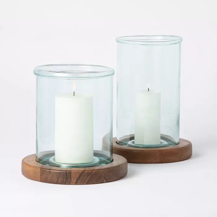 Seeded Glass and Wood Pillar Candleholder Brown - Threshold™ designed with Studio McGee | Target