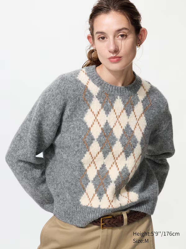Fluffy Crew Neck Jumper (Argyle) | UNIQLO (UK)