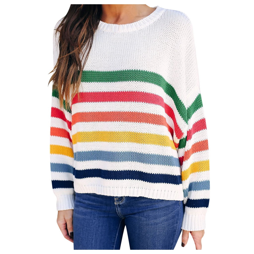 Babysbule Sweaters for Women Women's Color Block Sweater Cable Knit Rainbow Striped Long Sleeve B... | Walmart (US)