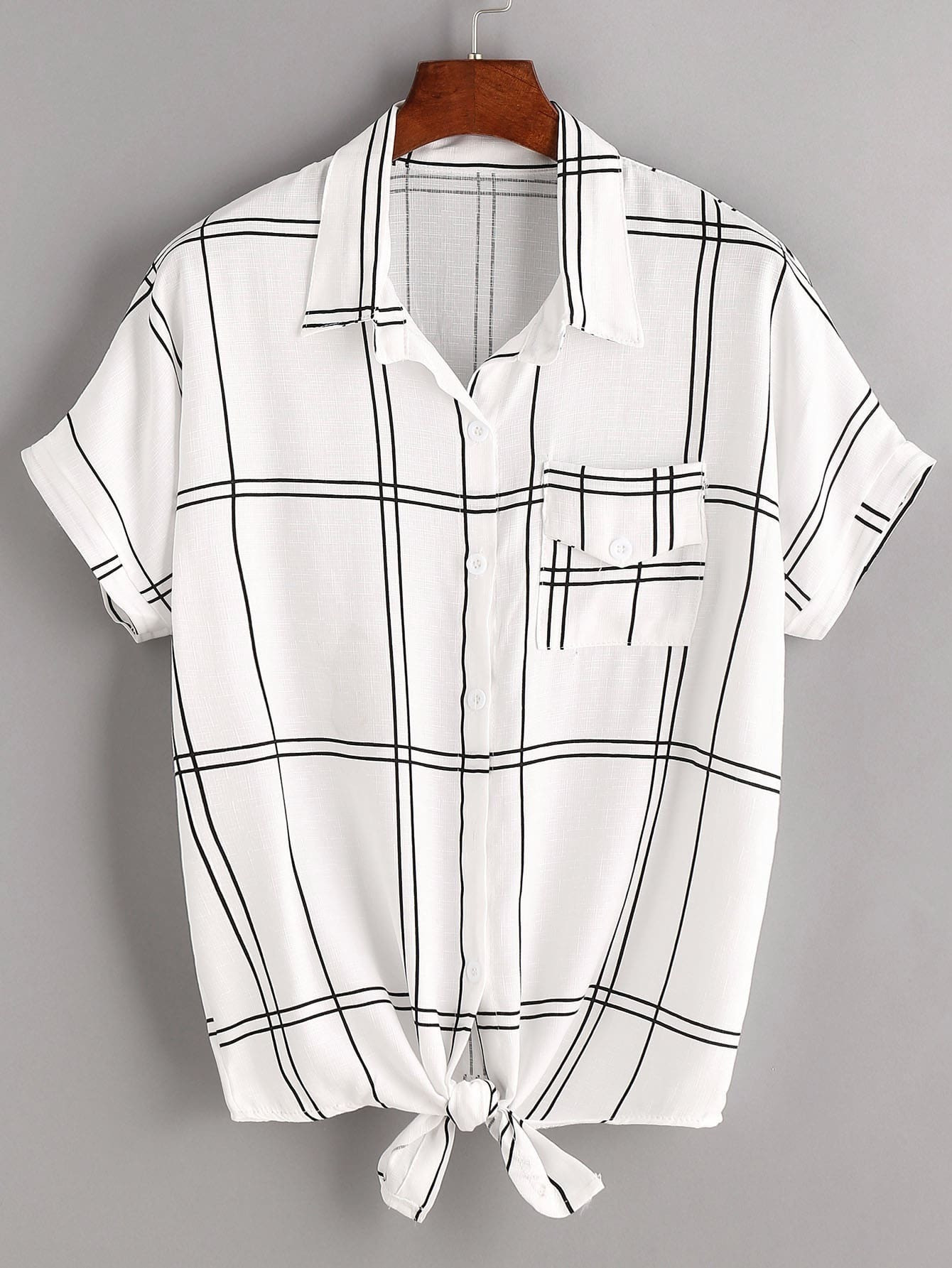 White Plaid Tie Front Shirt With Pocket | ROMWE