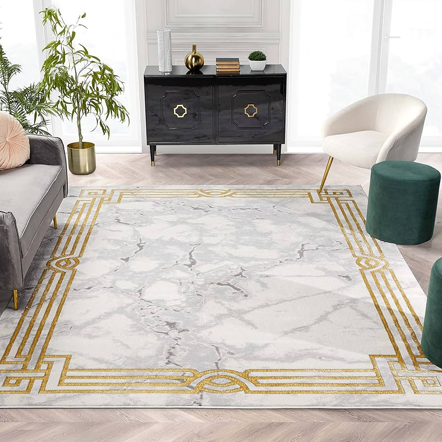 Well Woven Lezlee Ivory & Gold Retro Border Marble Pattern Rug (7'10" x 9'10") | Amazon (US)