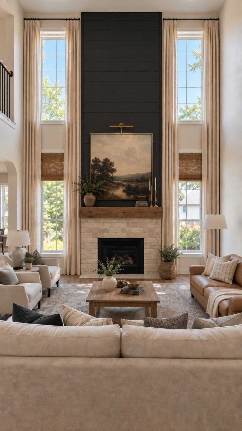This one is such a good example of why proportion can completely change how a room feels—even when you barely touch the furniture.

The room itself was already pretty. 

The bigger issue was the fireplace wall and how the different pieces related to the height of the space. Adjusting the scale of the surround and mantel and taking the charcoal shiplap all the way up gives that tall wall a much stronger sense of balance.

The window treatments make a difference here too. Taking the curtains high draws your eye up, gives those tall windows more presence, and helps frame the fireplace instead of leaving all of that vertical space feeling empty.

I only brought a little more charcoal into the room through the pillows so the fireplace didn’t feel like a dark island in an otherwise light space.

I linked similar pieces to recreate the look here.

#LTKHome