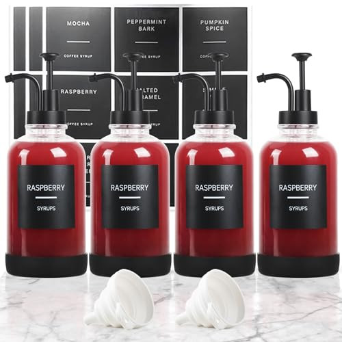 Coffee Syrup Dispenser for Coffee Bar, Set of 4 Non-Slip Glass Syrup Dispenser w. Labels and Silicone Sheath, 16.9 oz 500ml Syrup Pump Dispenser, Coffee Bar Accessories Simple Syrup Bottle w. Pump | Amazon (US)