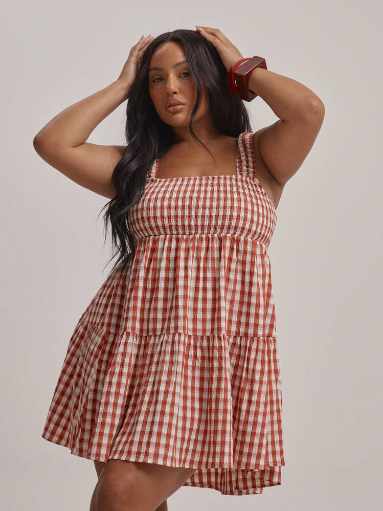 MUSERA Plus Square Neck Shirred Bust Gingham Floaty Mini Dress Spring Summer Vacation Graduation Sexy Cute Elegant Beach Holiday | SHEIN