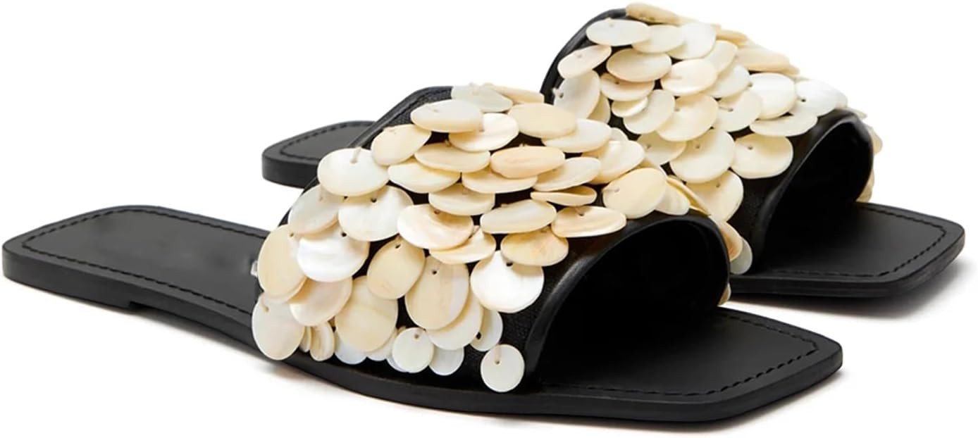 DOEYG Flat Sandals for Women Shell Slide Sandals Dressy Comfortable Casual Summer Beach Slip on S... | Amazon (US)