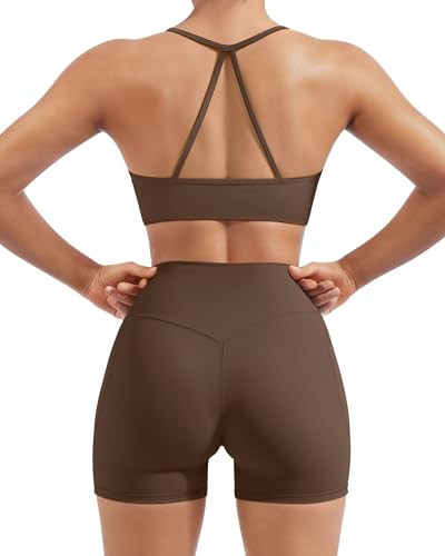 SUUKSESS Women 2 Piece Workout Sets Padded Halter Sports Bras High Waisted Biker Shorts with Pockets Built in Bra Athletic Tops (Brown, M) | Amazon (US)