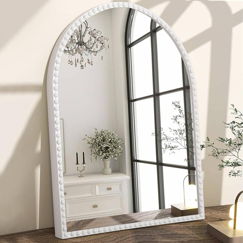 Arched Wall Mirror, White Bathroom Accent Mirror, Vintage Arch Mirror,Metal Beaded Frame Ornate D... | Amazon (US)