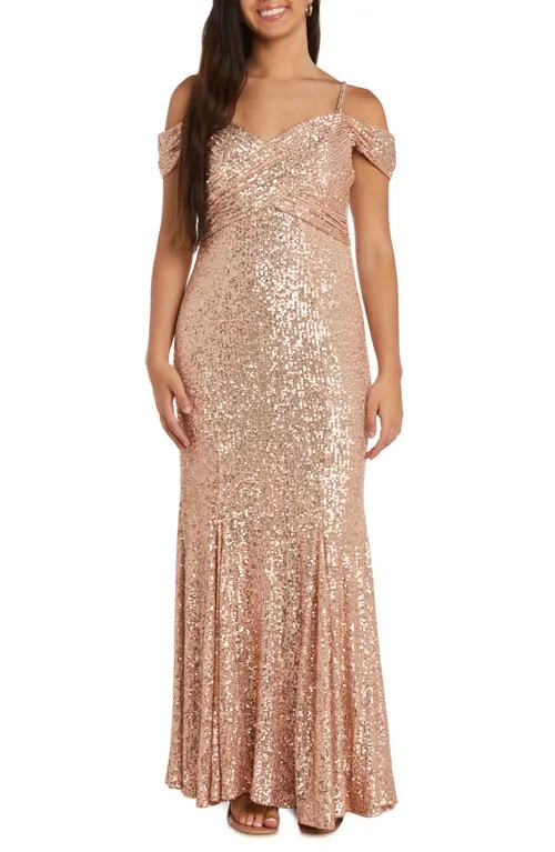 Nightway Off-The-Shoulder Sequin Gown in Gold at Nordstrom, Size 10 | Nordstrom